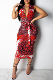 Red Fashion Casual Print With Belt Zipper Collar Sleeveless Dress