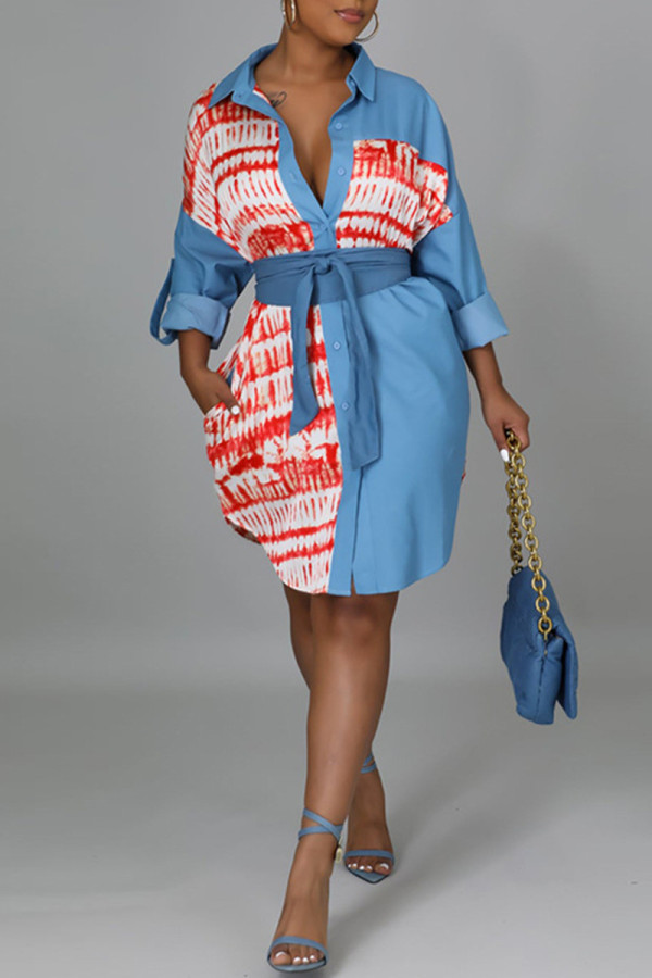 Light Blue Fashion Casual Print Patchwork Turndown Collar Denim Dress