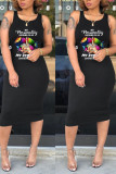 Pink Casual Print Patchwork U Neck One Step Skirt Dresses