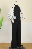 Black Fashion Casual Dot Patchwork Mandarin Collar Regular Jumpsuits