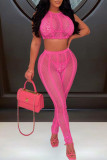 Pink Sexy Solid Hollowed Out Patchwork O Neck Sleeveless Two Pieces