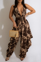 Coffee Sexy Print Split Joint Backless Halter Loose Jumpsuits(Without Belt)