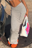 Grey Casual Solid Patchwork Skinny Mid Waist Pencil Solid Color Bottoms