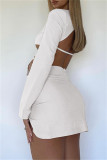 Apricot Fashion Sexy Solid Patchwork Backless V Neck Long Sleeve Two Pieces