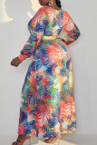 Multicolor Fashion Casual Print Bandage Split Joint V Neck Straight Plus Size Dresses
