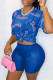 Blue Fashion Casual Letter Print See-through O Neck Short Sleeve Two Pieces
