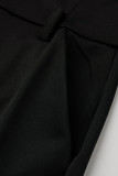 Black Casual Solid Patchwork Buckle Turndown Collar Regular Rompers