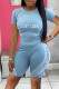 Light Blue Casual Sportswear Print Patchwork O Neck Short Sleeve Two Pieces