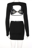 Apricot Fashion Sexy Solid Patchwork Backless V Neck Long Sleeve Two Pieces