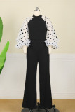 Black Fashion Casual Dot Patchwork Mandarin Collar Regular Jumpsuits