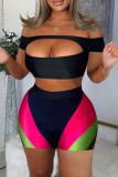 Black Fashion Sexy Solid Hollowed Out Patchwork Backless Off the Shoulder Short Sleeve Two Pieces
