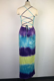 Multi-color Sexy Print Patchwork Backless Slit Spaghetti Strap Straight Dresses