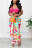 Pink Fashion Sexy Vacation Color Lump Vests One Shoulder Sleeveless Two Pieces