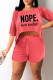 Red Casual Print Patchwork Asymmetrical O Neck Short Sleeve Two Pieces