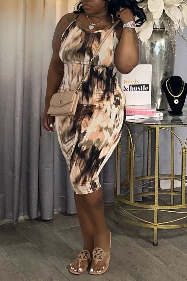 Brown Fashion Sexy Tie Dye Printing Halter Wrapped Skirt Dresses