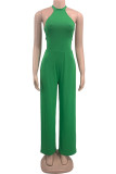 Rose Red Sexy Solid Patchwork Backless O Neck Straight Jumpsuits
