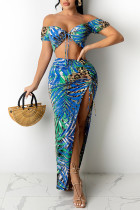 Blue Sexy Print Split Joint Draw String Fold Cardigan Off the Shoulder Short Sleeve Two Pieces