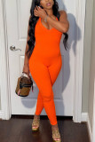 Tangerine Red Fashion Sexy Casual Solid V Neck Regular Jumpsuits