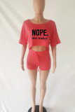 Red Casual Print Patchwork Asymmetrical O Neck Short Sleeve Two Pieces
