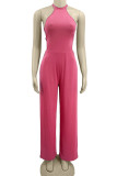 Rose Red Sexy Solid Patchwork Backless O Neck Straight Jumpsuits