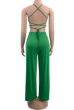 Rose Red Sexy Solid Patchwork Backless O Neck Straight Jumpsuits