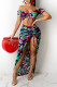 Green Sexy Print Patchwork Draw String Fold Cardigan Off the Shoulder Short Sleeve Two Pieces