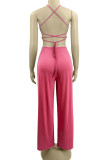 Rose Red Sexy Solid Patchwork Backless O Neck Straight Jumpsuits