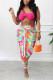 Pink Fashion Sexy Vacation Color Lump Vests One Shoulder Sleeveless Two Pieces