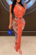 Tangerine Sexy Print Patchwork Asymmetrical V Neck Sleeveless Two Pieces