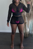 Black Fashion Sexy Solid See-through Swimwears Four-piece set (Without Paddings)