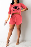 Red Casual Print Patchwork Asymmetrical O Neck Short Sleeve Two Pieces