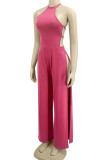 Rose Red Sexy Solid Patchwork Backless O Neck Straight Jumpsuits