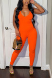 Tangerine Red Fashion Sexy Casual Solid V Neck Regular Jumpsuits