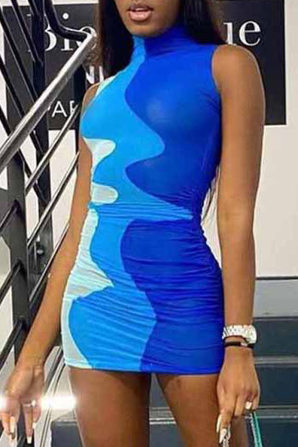 Blue Sexy Print Make Old Half A Turtleneck Pencil Skirt Dresses
