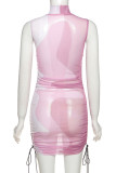 Pink Sexy Print Make Old Half A Turtleneck Pencil Skirt Dresses