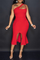 Red Sexy Solid Hollowed Out Backless Slit One Shoulder Evening Dress