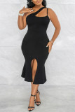 Black Sexy Solid Hollowed Out Backless Slit One Shoulder Evening Dress