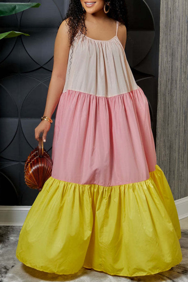 Yellow Sexy Solid Patchwork Spaghetti Strap Sling Dress Dresses