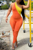 Orange Sexy Casual Solid Patchwork Backless One Shoulder Skinny Jumpsuits