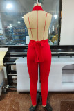 Red Fashion Sexy Solid Patchwork Backless Halter Sleeveless Two Pieces
