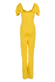 Yellow Casual Solid Patchwork Boot Cut Jumpsuits
