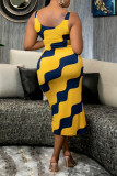 Yellow Fashion Casual Print Asymmetrical U Neck Vest Dress Dresses
