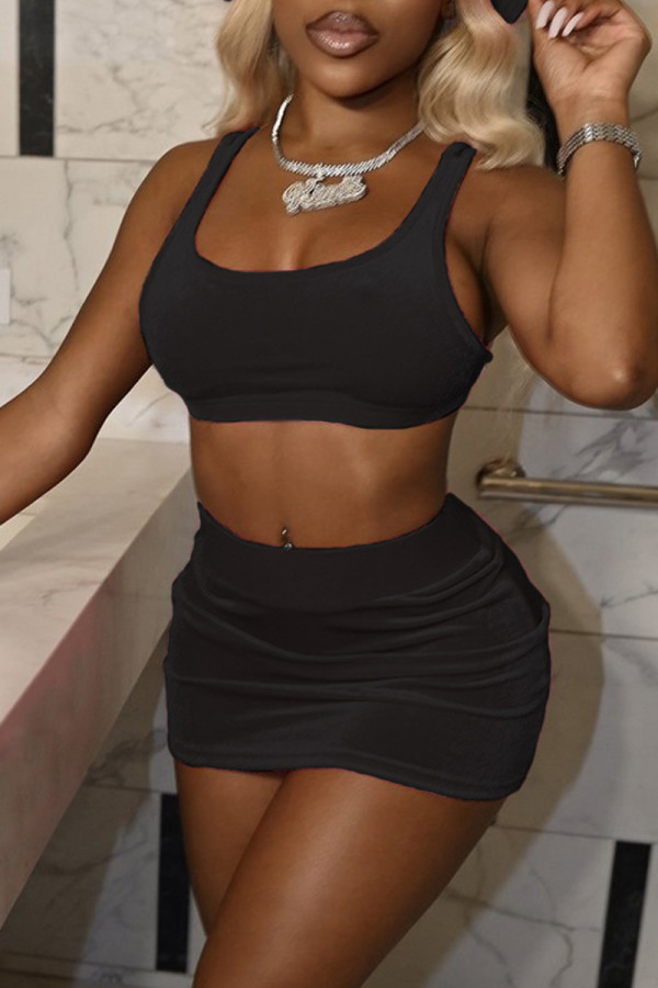 Black Sexy Casual Solid Basic U Neck Sleeveless Two Pieces