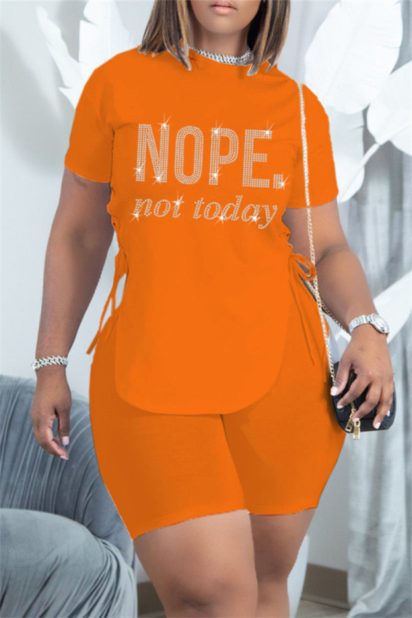 Orange Fashion Casual Letter Hot Drilling Bandage O Neck Short Sleeve Two Pieces