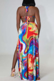 Multicolor Sexy Print Bandage Patchwork Backless Halter Sleeveless Two Pieces