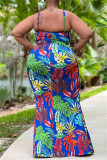 Blue Fashion Print Hollowed Out Backless Spaghetti Strap Long Dress