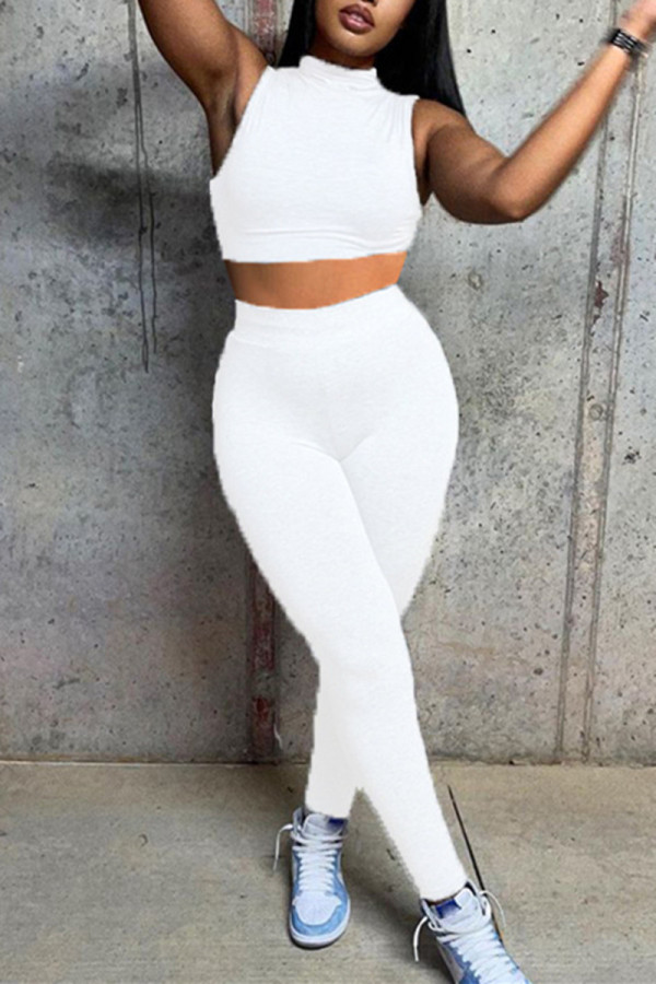 White Casual Sportswear Solid Basic Half A Turtleneck Sleeveless Two Pieces