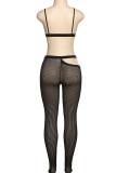 Black Fashion Sexy Patchwork Hollowed Out See-through Backless Spaghetti Strap Sleeveless Two Pieces