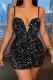 Black Fashion Sexy Patchwork Solid Sequins Backless V Neck Sling Dress