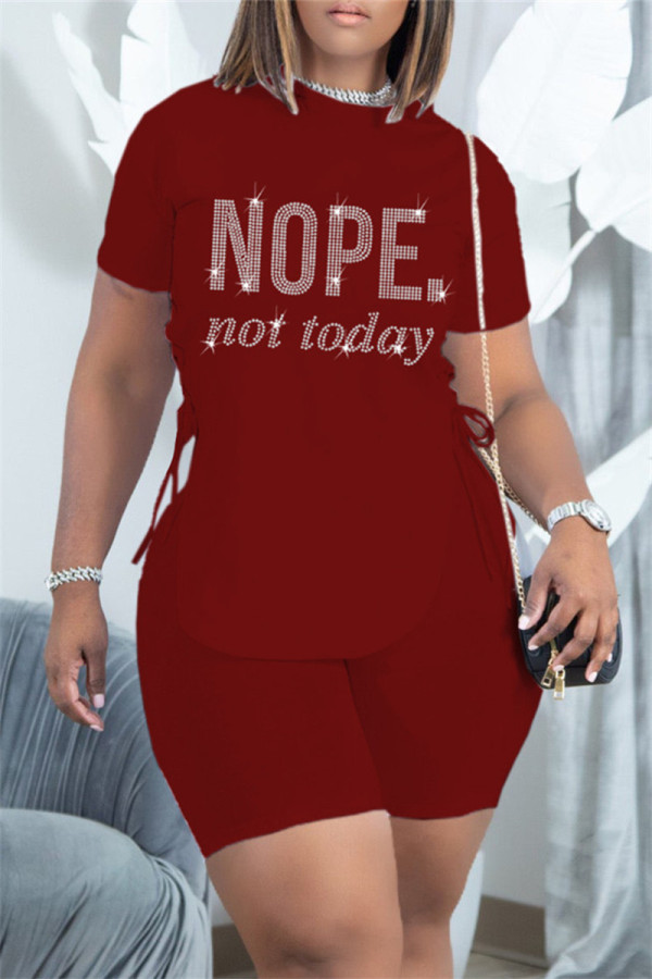 Burgundy Fashion Casual Letter Hot Drilling Bandage O Neck Short Sleeve Two Pieces